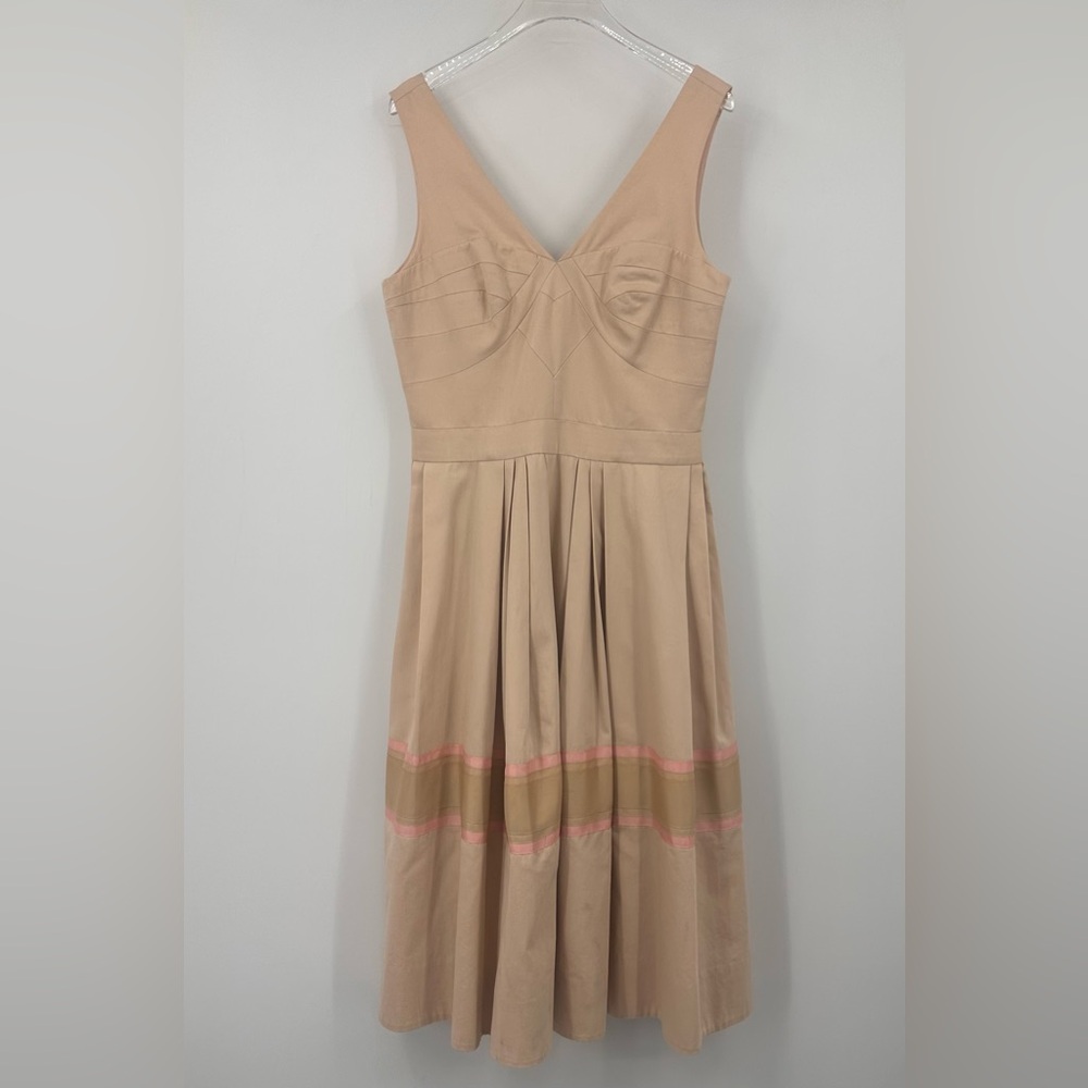 J. Peterman Beige Sleeveless Dress Fit & Flare Ribbon Trim V-Neck 8 | C268